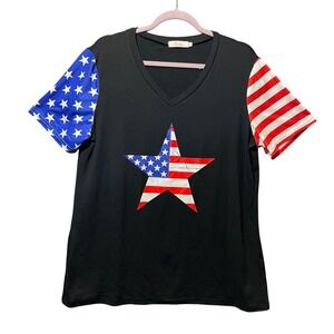Roshop Patriotic Star Flag Print V Neck‎ T Shirt Women's XL Black Red White Blue